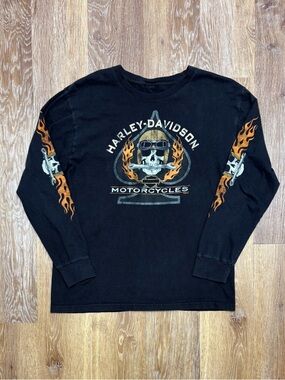 Harley-Davidson Black Long Sleeve Skull & Flame Graphic Tee with Orange Accents